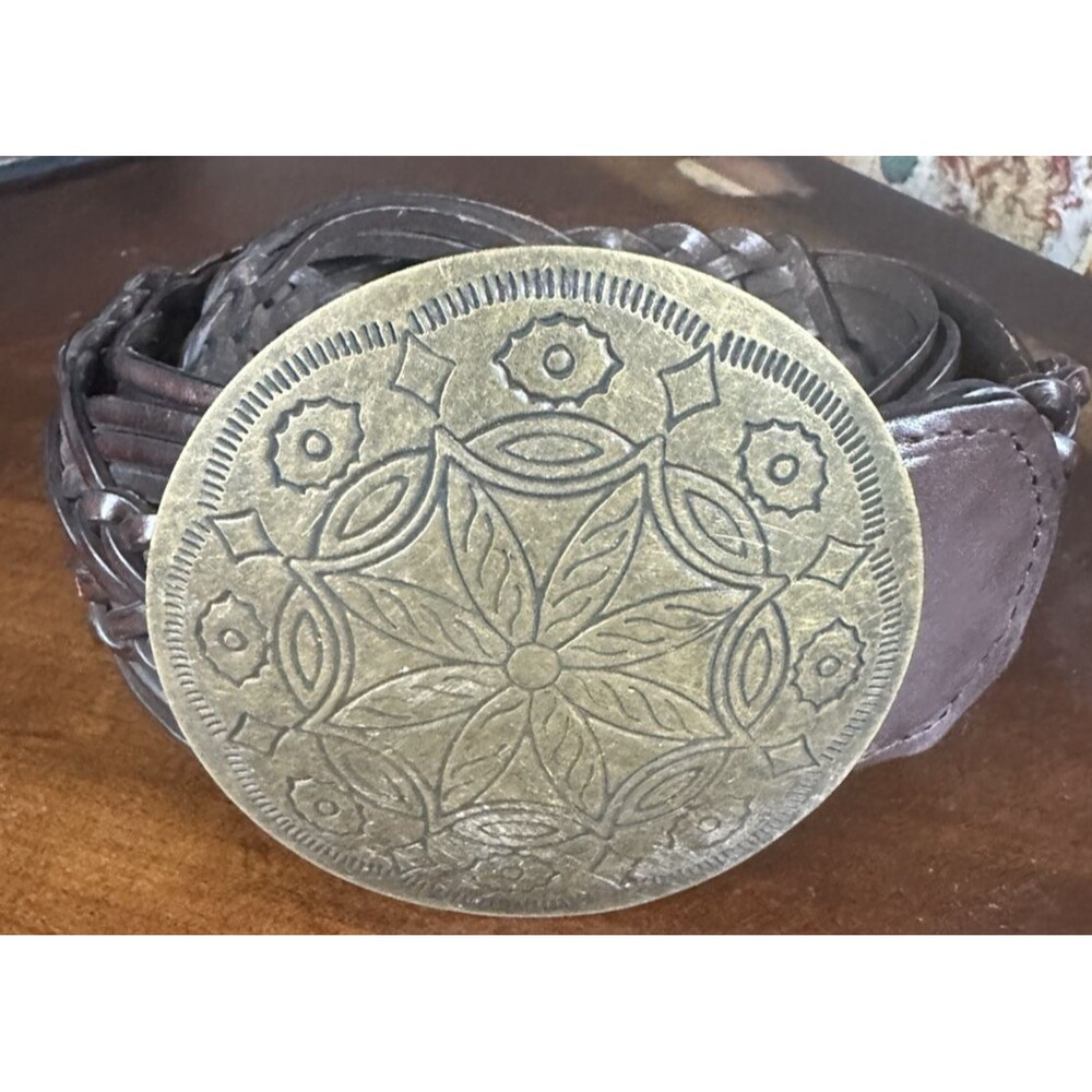 New York & Company Small Leather Braided Belt with Large Medallion Floral Buckle